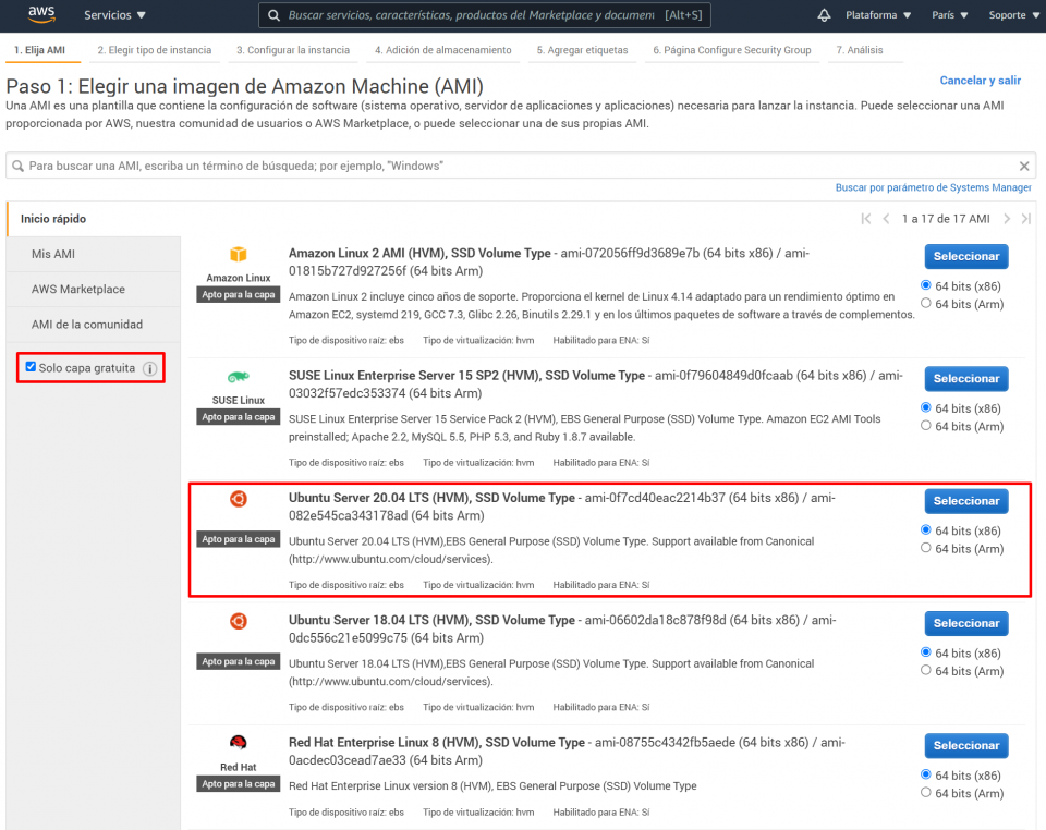 Paso 1 Elegir una imagen de Amazon machine (AMI)